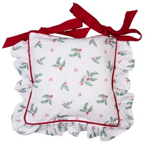 Karácsonyi szarvasos, magyal mintás pamut párnahuzat, kötős, fodros, 40x40cm, Holly Christmas
