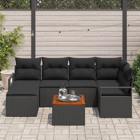 7 darabos Kertkanapé Szett Párnákkal Fekete Poli Rattan Akácia, 2-fős Kertkanapé Tárolóval és Párnákkal Fekete Poli Rattan