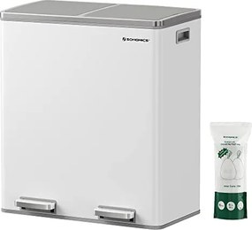SONGMICS dupla szemetes, fém szelektív hulladékgyűjtő 15 szemeteszsákkal, 2 × 30 L, fehér–szürke