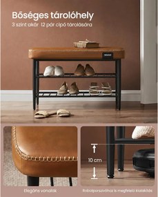 VASAGLE EKHO cipőtartó pad, 3 tárolószinttel és párnázott ülőfelülettel, 80 × 30 × 50 cm, karamellbarna