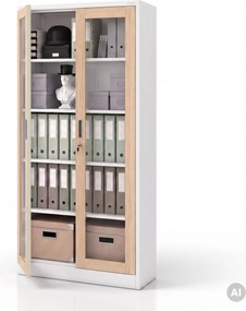 Fém szekrény vitrinnel, fehér, sonoma tölgy, 900x1850x400 mm: AMELIA Eco Design