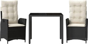 vidaXL 3 részes fekete polyrattan kerti étkezőgarnitúra párnákkal