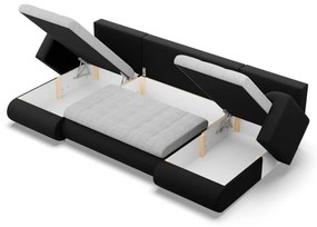 Tokio U alakú sarokkanapé, 3 ágyneműtartóval, fonott + műbőr, univerzális oldal, szürke - fekete