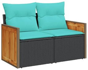 kétszemélyes fekete polyrattan kerti kanapé párnákkal