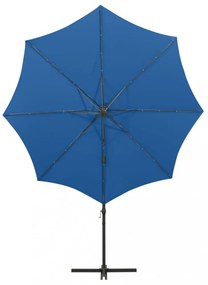 azúrkék konzolos napernyő rúddal és LED-fényekkel 300 cm
