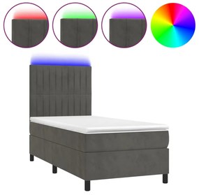 sötétszürke bársony rugós és LED-es ágy matraccal 100x200 cm