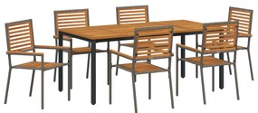 7 Darabos Kert Étkező Szett Szürke Polyrattan Akác, Összeépíthető Kerti Székek Párnákkal 2 db Szürke Polyrattan, Kerti Asztal 180x90x75 cm Szilárd Akác Fa és Fém