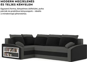 Grande sarokkanapé polcokkal , polc a bal karfaban, baloldali, szövet anyag, bonell töltet, szürke - fekete