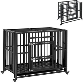 PawHut Kutya Ketrec, Állatketrec, Összecsukható Kutya Ház Kicsi és Közepes Kutyák Számára, Kutya Ketrec Két Ajtóval, Kerekekkel, Acél, Fekete, 94 x 58