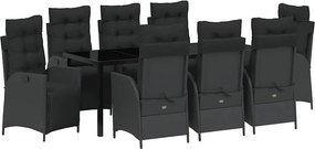 vidaXL Kert étkező szett párnával 9 pcs Fekete polirattan