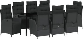 vidaXL Kert étkező szett párnával 9 pcs Fekete polirattan