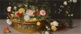 Kép - Jan Brueghel the Elder, Flowers in a Basket and a Vase, reprodukciók (120x50 cm)
