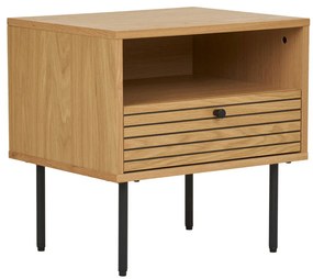 Kyoto lerakóasztal 1 fiókkal, tölgy furnér, natúr, fekete fém lábakkal, 50x40x50 cm