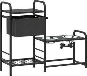 PawHut állítható magasságú emelt kutyaetető tárolóval — 2×800 ml rozsdamentes tál, kétszintes polc, fekete | Aosom