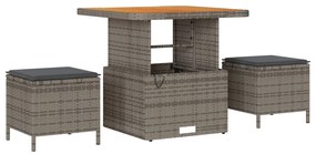 9 részes kerti kanapé készlet párnákkal Szürke Poli Rattan Akác, 3 részes kerti étkező készlet párnákkal Szürke Poli Rattan Akác
