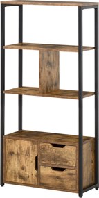 HOMCOM Rusztikus Barna Könyvespolc Szekrény és 2 Tároló Fiókkal Ipari Stílusú Könyvespolc 58x24x122 cm | Aosom