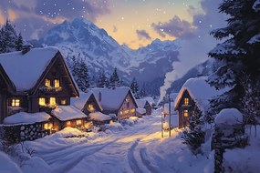 Vászonkép Canvas Tájkép Éjszaka Estély Hegyek Alpok Hó Tél Házak 60x40