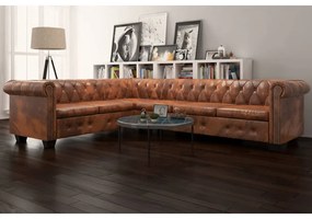 6 személyes barna műbőr Chesterfield sarok kanapé