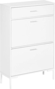 HOMCOM Mobil Cipőtartó, Modern Cipőszekrény 12 Pár Cipőhöz 2 Hajtogatható Ajtóval és Fiókkal, Forgácslapból, MDF-ből és Fémből, 75x26x110 cm, Fehér |