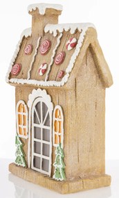 LED-es karácsonyi lámpás barna mézeskalács házikó zöld havas fenyőfákkal asztali dekoráció 35x22x12cm