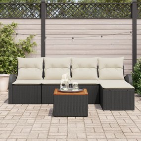 6 Részes Kerti Sofa Szett Párnákkal Fekete Poli Rattan Akácián