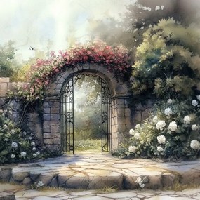 Vászonkép Canvas Tájkép Titokzatos Kert Kapu Virágok 80x80