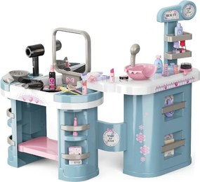 Játék fodrászállomás, elektromos hajszárítóval és hajvasalóval, tükörrel, sminkkiegészítőkkel, több tárolópolccal