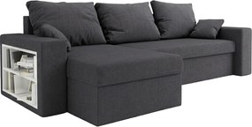 Kinyitható kétoldalas L alakú ülőgarnitúra NORIX 240x140 cm, sötétszürke polccal + 2 párnát INGYEN