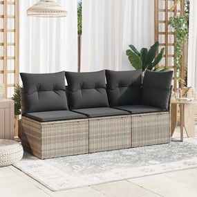 Világosszürke polyrattan karfa nélküli kerti kanapé párnával