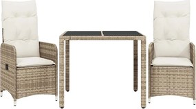 vidaXL 3 részes bézs polyrattan kerti bisztrógarnitúra párnákkal