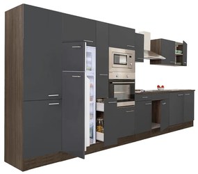 Yorki 420 konyhablokk yorki tölgy korpusz,selyemfényű antracit fronttal felülfagyasztós hűtős szekrénnyel