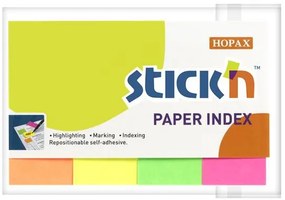 Jelölőcímke, papír, 4x50 lap, 50x20 mm, STICK N, neon színek (SN21205)