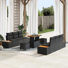 9 darabos kerti sofa szett párnákkal fekete poli rattan akác, 3 darabos kerti étkező szett párnákkal fekete poli rattan akác