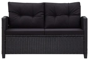 Fekete polyrattan kétszemélyes kerti kanapé párnákkal 124 cm
