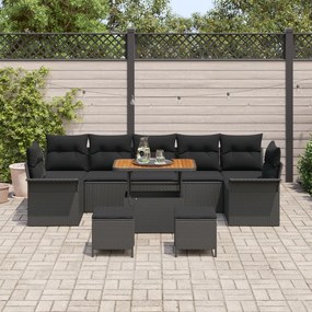 10 darabos kerti kanapé szett párnákkal, fekete poli rattan akác, 2 személyes kerti kanapé tárolóval és párnákkal, fekete poli rattan, 3 darabos kert étkező szett párnákkal, fekete poli rattan akác