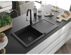 Mexen Leo, 1 kamrás gránit mosogató 900x500x190 mm és Savita mosogató csaptelep, fekete, 6501-77-672601-70-B