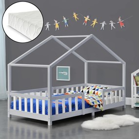 [en.casa] Házikó gyerekágy Treviolo leesésgátlóval matraccal 90x200 cm világosszürke/fehér