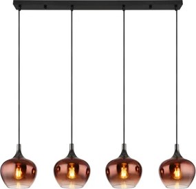 Globo 15548-4HG Függeszték fekete matt fém, fekete-króm fém, réz színű/átlátszó színátmenetes üveg búra, fekete textil kábel, HxSzxM: 1000x180x1200mm, 4x E27 40W 230V izzók nélkül