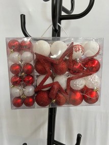 Karácsonyfadísz nagy szett 55 db-os piros-fehér csillámos