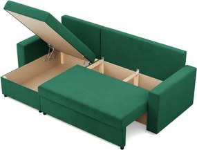 Zeus sarokkanapé, 2 ágyneműtartóval, egyenes kartámasz, bársony, univerzális oldal, hab töltet, zöld