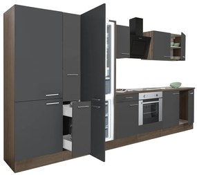 Yorki 360 konyhabútor yorki tölgy korpusz,selyemfényű antracit front alsó sütős elemmel polcos szekrénnyel és alulfagyasztós hűtős szekrénnyel