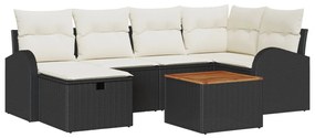 7 részes kerti bútor szett párnákkal, fekete poly rattan, 2 személyes kerti bútor tárolóval és párnákkal, fekete poly rattan
