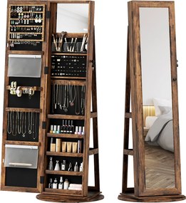HOMCOM 360°-os forgó ékszertartó szekrény, kulcsos ékszerdoboz, teljes hosszúságú tükör 3 hátsó polccal hálószobába és nappaliba, 55x55x161 cm, ruszti