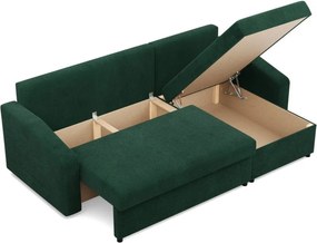 Zeus sarokkanapé, 2 ágyneműtartóval, döntött kartámasz, kordbársony, univerzális oldal, hab töltet, zöld