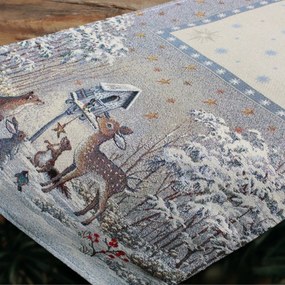 Téli erdő ezüst lurexes, gépi gobelin asztali futó, 44 x 140 cm