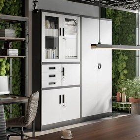 Fém iratszekrény széffel, vitrinnel és fiókokkal FILIP, 900 x 1850 x 400 mm, antracit-fehér