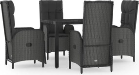 vidaXL 5 részes fekete polyrattan kerti étkezőgarnitúra párnákkal