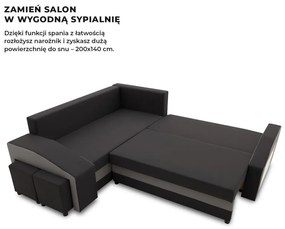 Grande sarokkanapé polcokkal és puffokkal , polc a jobb karfaban puffok a bal karfaban, baloldali, szövet anyag, bonell töltet, fekete - szürke