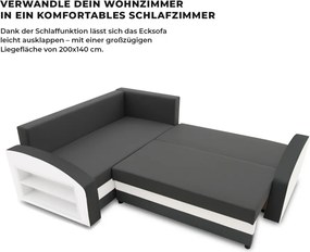 Grande sarokkanapé polcokkal , polc a bal karfaban, baloldali, szövet anyag, hab töltet, szürke - fehér