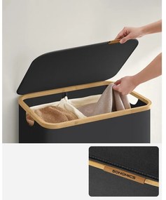 SONGMICS szennyeskosár fedéllel 130L, 2 rekeszes nagyméretű szennyes tartó, fekete